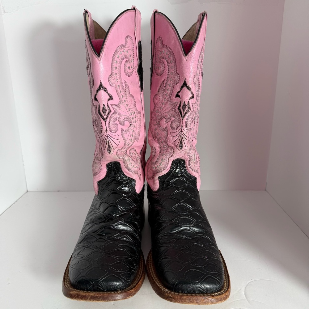 Ferrini Western Boots Sz 7.5 Black Anteater Embossed Foot Pink Embroidered Shaft
